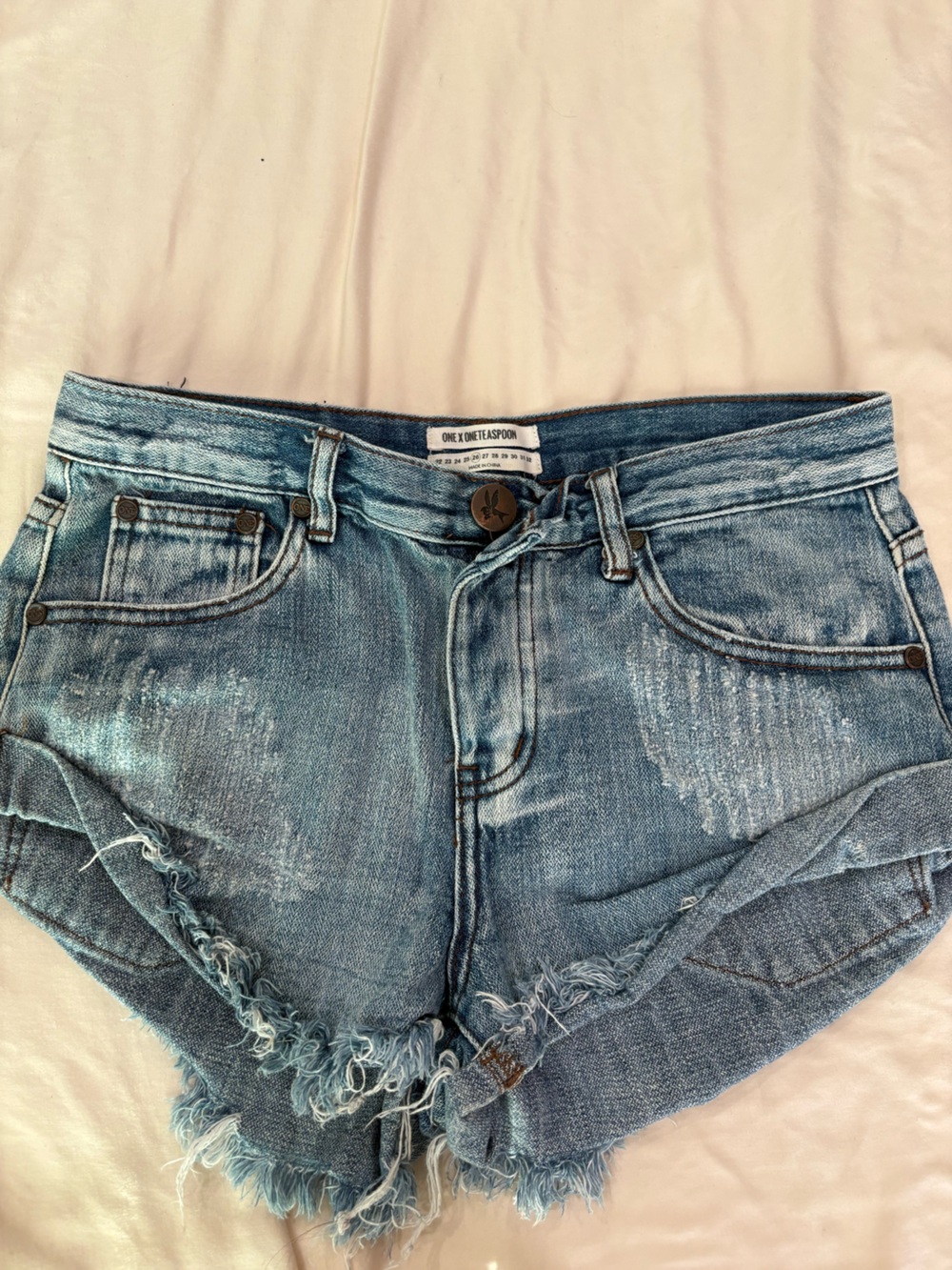 One Teaspoon Faded Blue Distressed Denim Shorts
